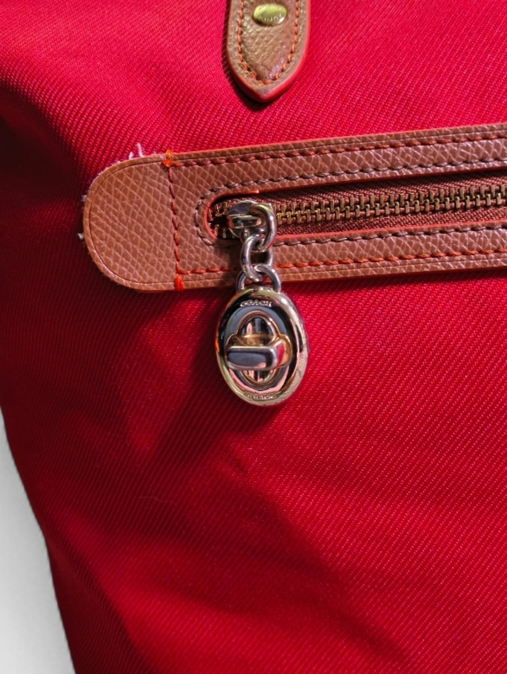 Vintage Coach Red Canvas Tote Bag Leather Trim Large Shoulder Purse Classic - Picture 4 of 8